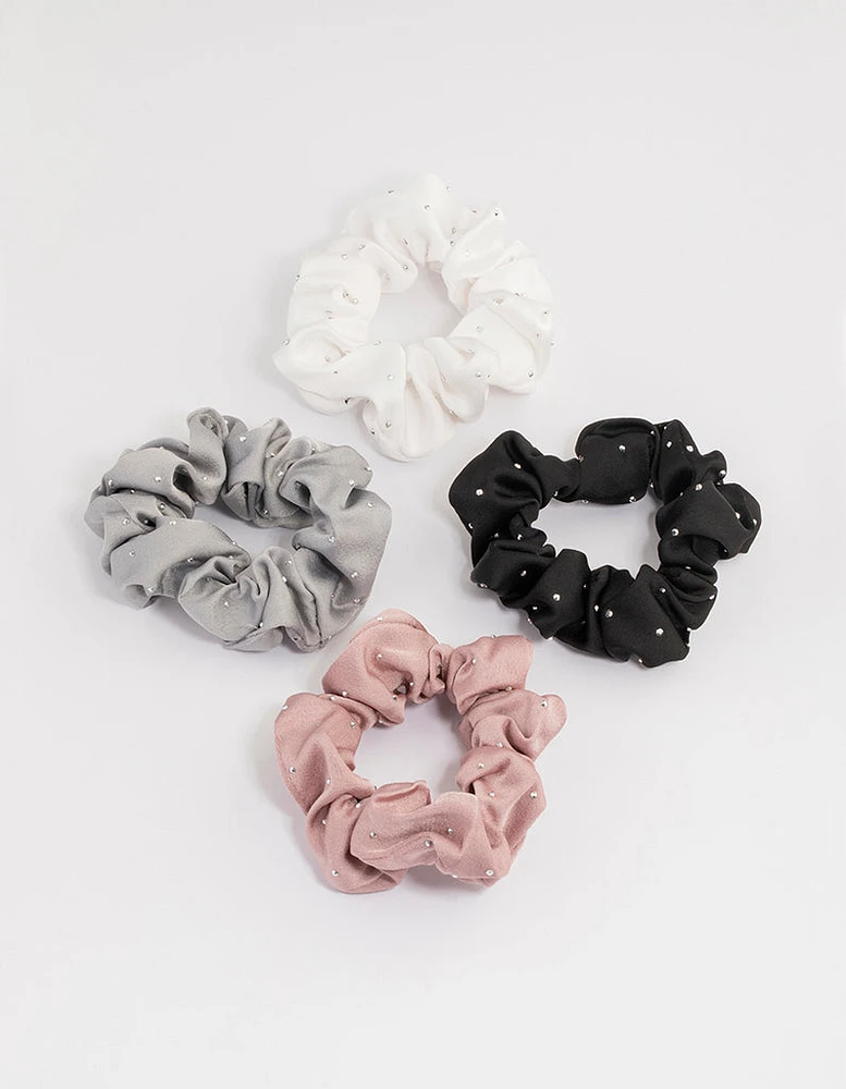 Fabric Mixed Diamante Scrunchie  4-Pack