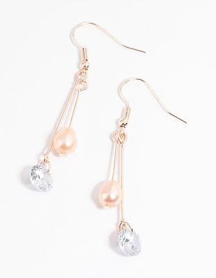 Rose Gold Freshwater Pearl & Diamante Basic Drop Earrings