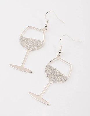 Silver Glitter Wine Glass Drop Earrings