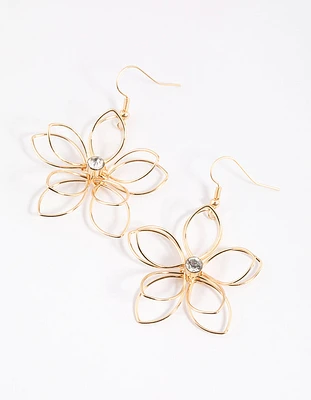 Gold Diamante Wire Flower Drop Earrings