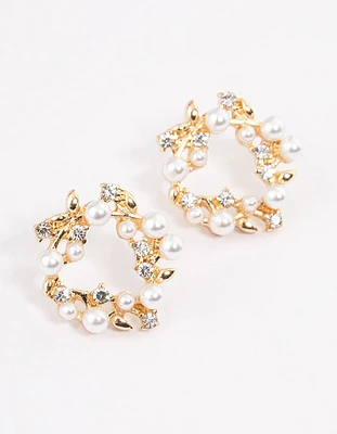 Gold Pearl & Diamante Wreath Stud Earrings