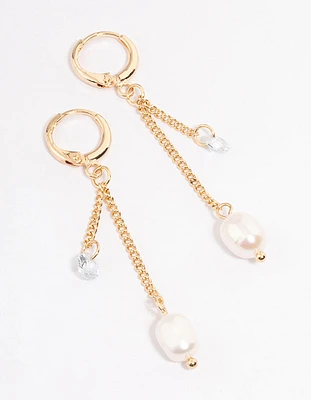 Gold Freshwater Pearls & Diamante Chain Huggie Earrings