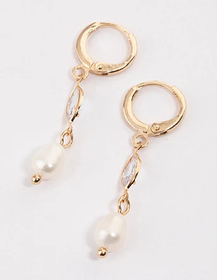 Gold Freshwater Pearl Marquise Huggie Earrings