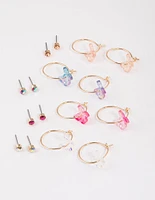 Gold Diamante & Butterfly Hoop Earrings 8-Pack