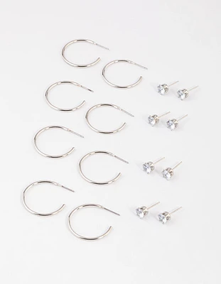 Silver Classic Diamante & Hoop Earrings 8-Pack