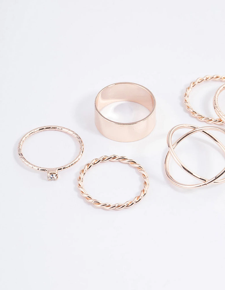 Rose Gold Thick & Diamante Ring 8-Pack