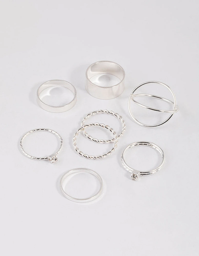 Silver Thick & Diamante Ring 8-Pack