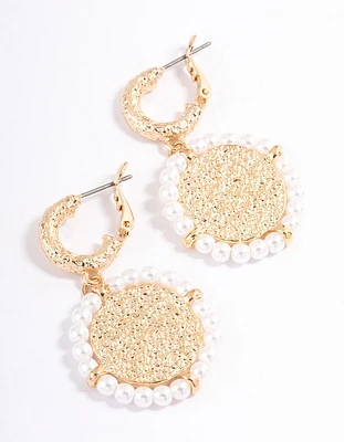 Gold Coin Pearl Hoop Earrings