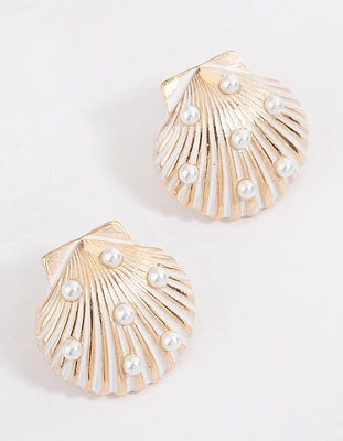 Gold Shell Pearl Stud Earrings