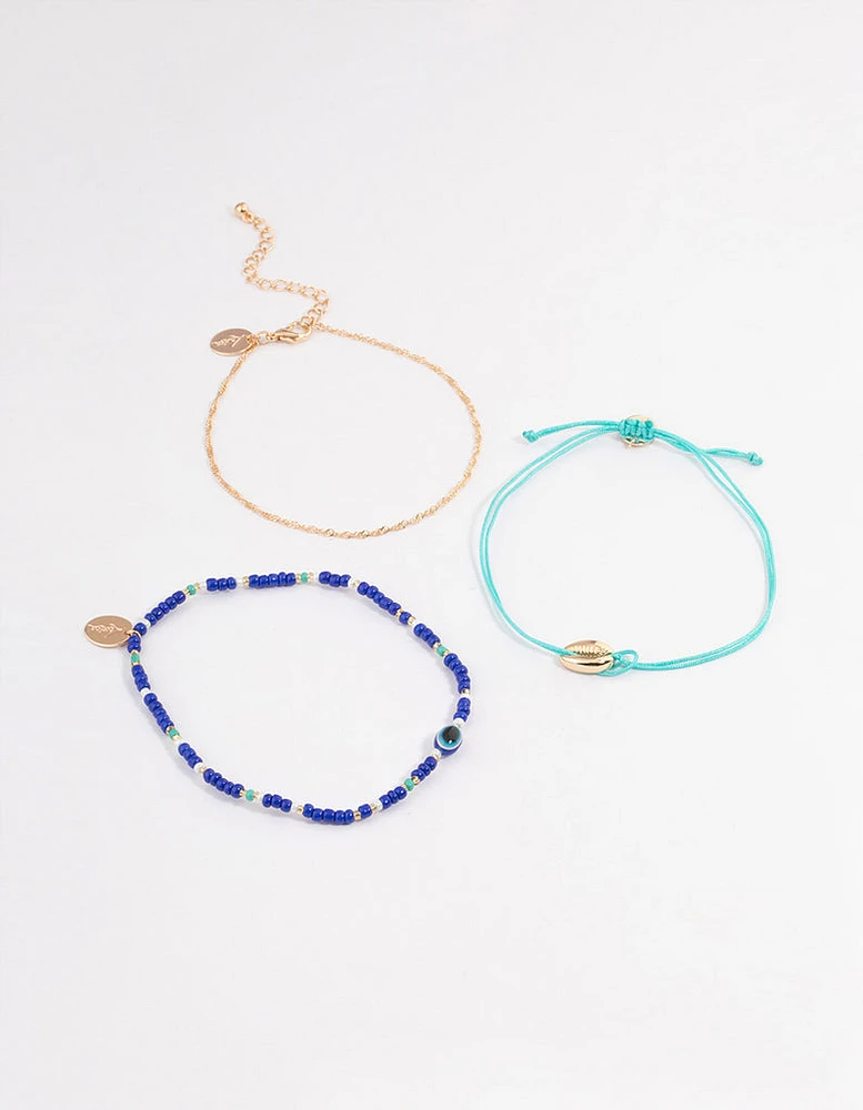 Gold Evil Eye Shell Anklet Pack