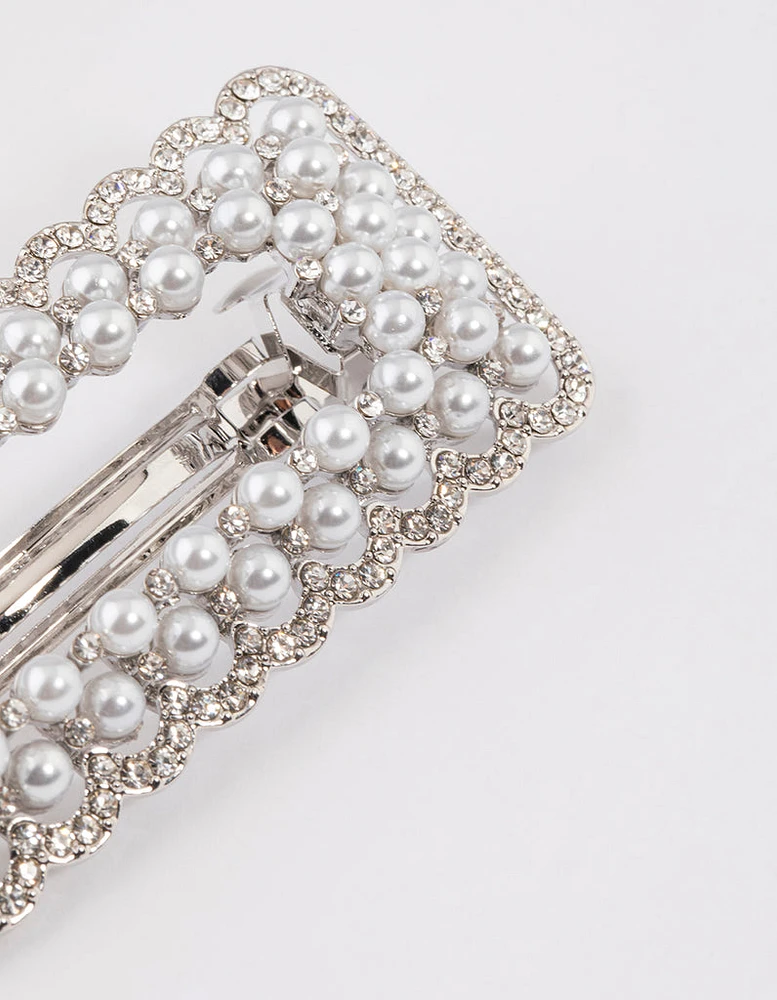 Rhodium Pearl Barrette Hair Clip