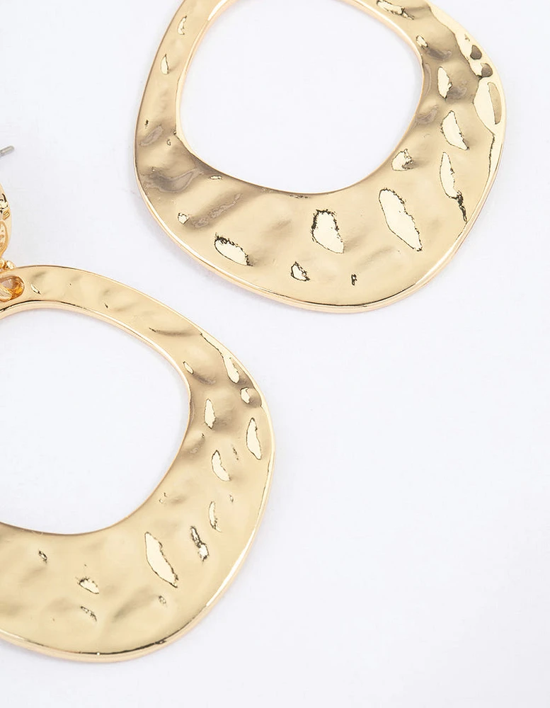 Gold Plated Molten Open Circle Drop Earrings