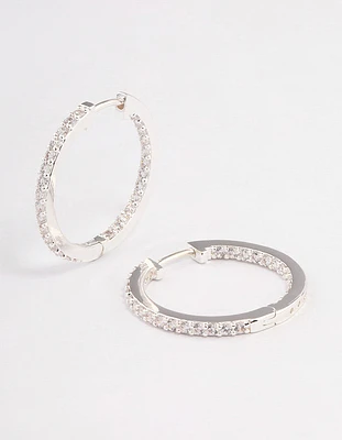 Silver Plated Brass  Cubic Zirconia Pave Huggie Hoop Earrings