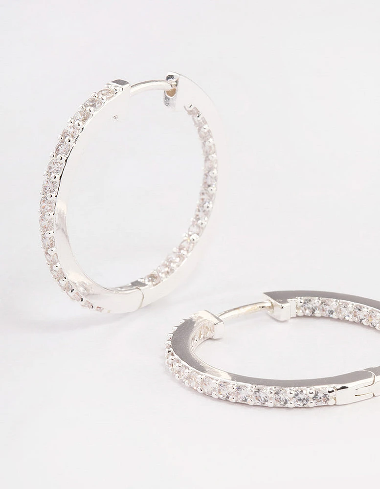 Silver Plated Cubic Zirconia Pave Huggie Hoop Earrings