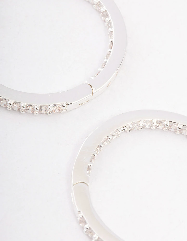 Silver Plated Cubic Zirconia Pave Huggie Hoop Earrings