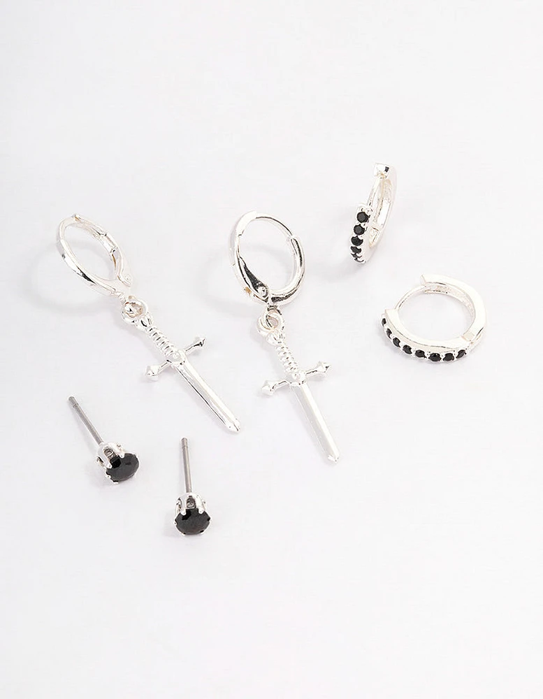 Silver Plated Brass  Cubic Zirconia Dagger Huggie Earrings Pack