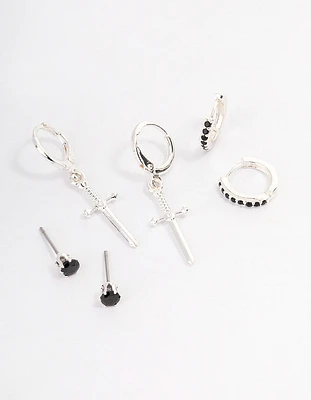 Silver Plated Cubic Zirconia Dagger Huggie Earrings Pack