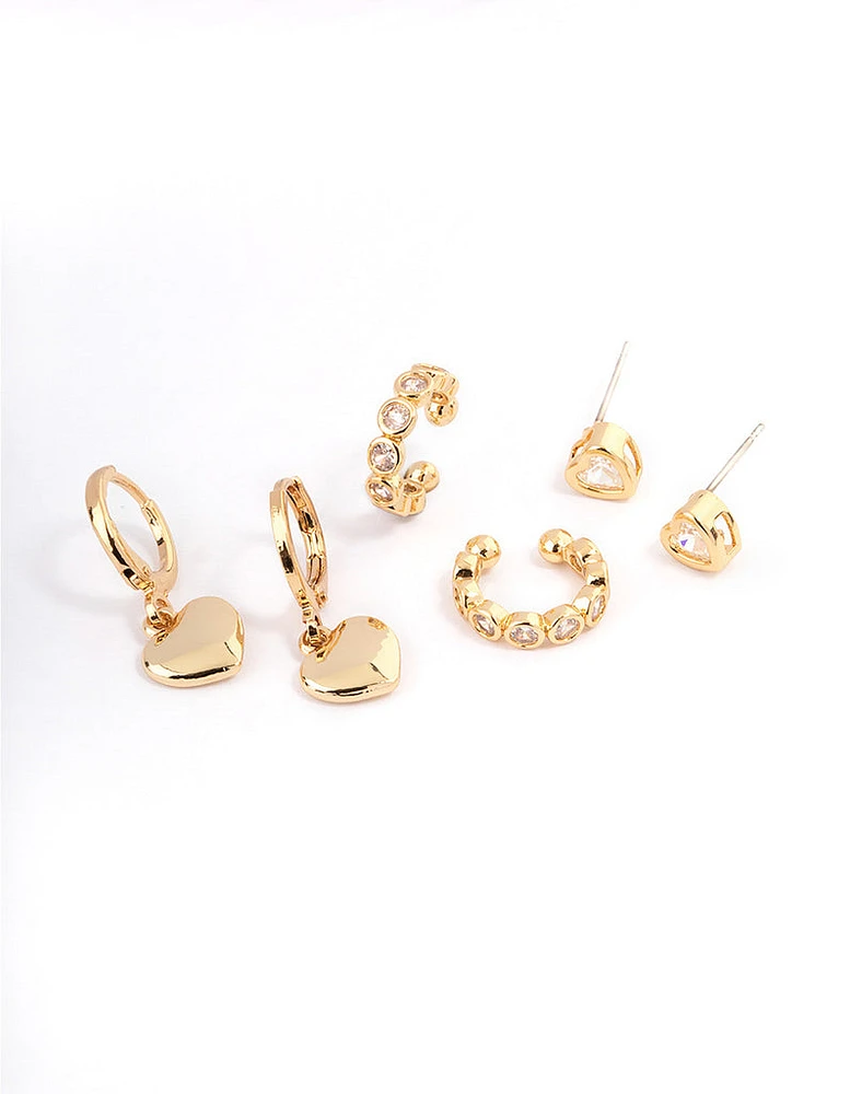 Gold Plated Cubic Zirconia Heart Huggie & Cuff Earrings Pack