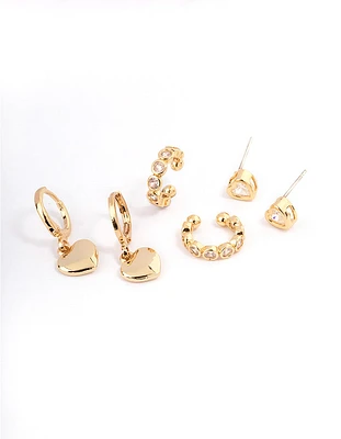 Gold Plated Cubic Zirconia Heart Huggie & Cuff Earrings Pack