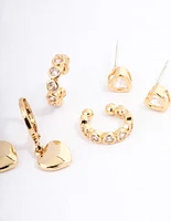 Gold Plated Cubic Zirconia Heart Huggie & Cuff Earrings Pack