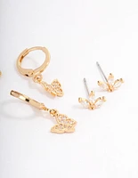 Gold Plated Cubic Zirconia Butterfly Huggie Earrings Pack