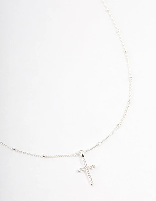 Silver Plated Brass  Cubic Zirconia Pave Cross Necklace