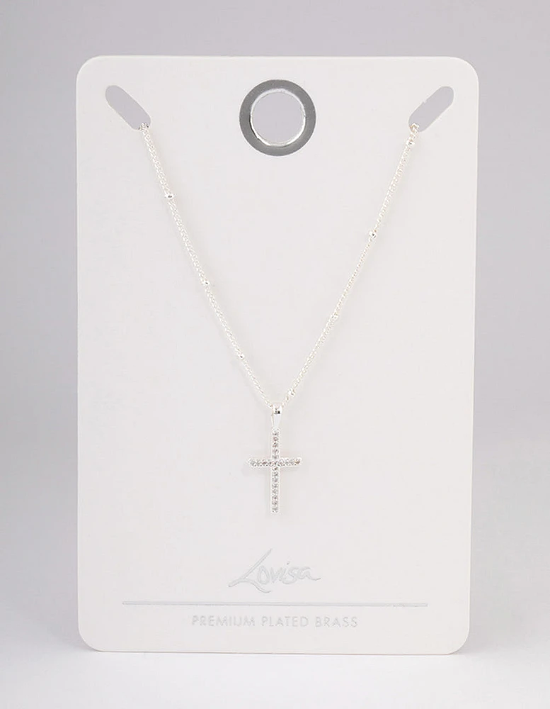 Silver Plated Brass  Cubic Zirconia Pave Cross Necklace