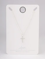 Silver Plated Brass  Cubic Zirconia Pave Cross Necklace