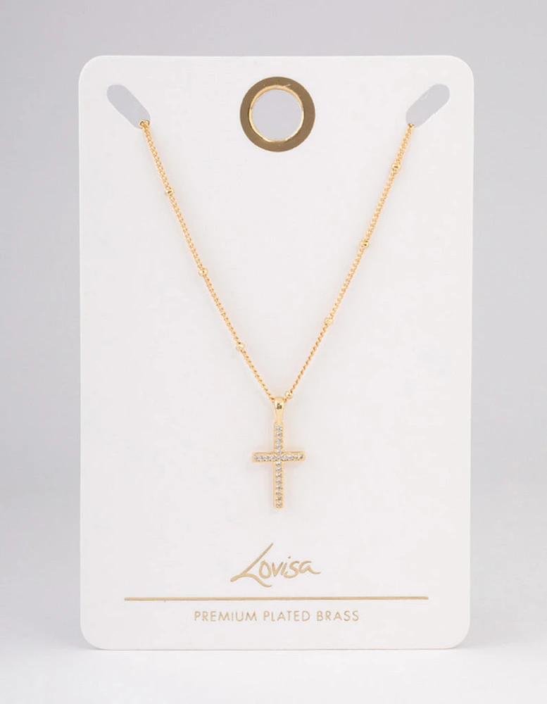 Gold Plated Brass Cubic Zirconia Paved Cross Necklace