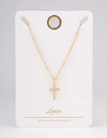 Gold Plated Brass Cubic Zirconia Paved Cross Necklace