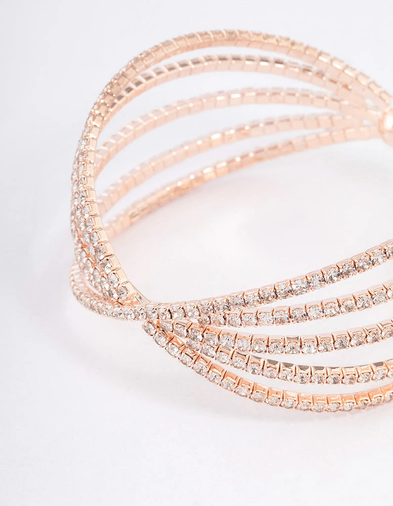 Rose Gold Triple Row Fan Crisscross Cuff Bangle