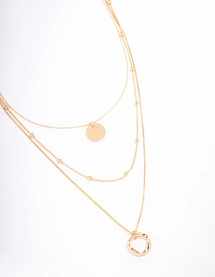 Gold Organic Circle Disc Triple Row Necklace