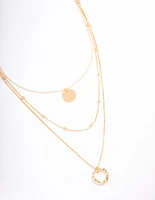 Gold Organic Circle Disc Triple Row Necklace