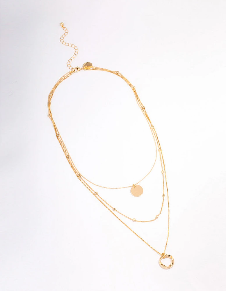 Gold Organic Circle Disc Triple Row Necklace