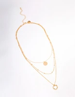 Gold Organic Circle Disc Triple Row Necklace