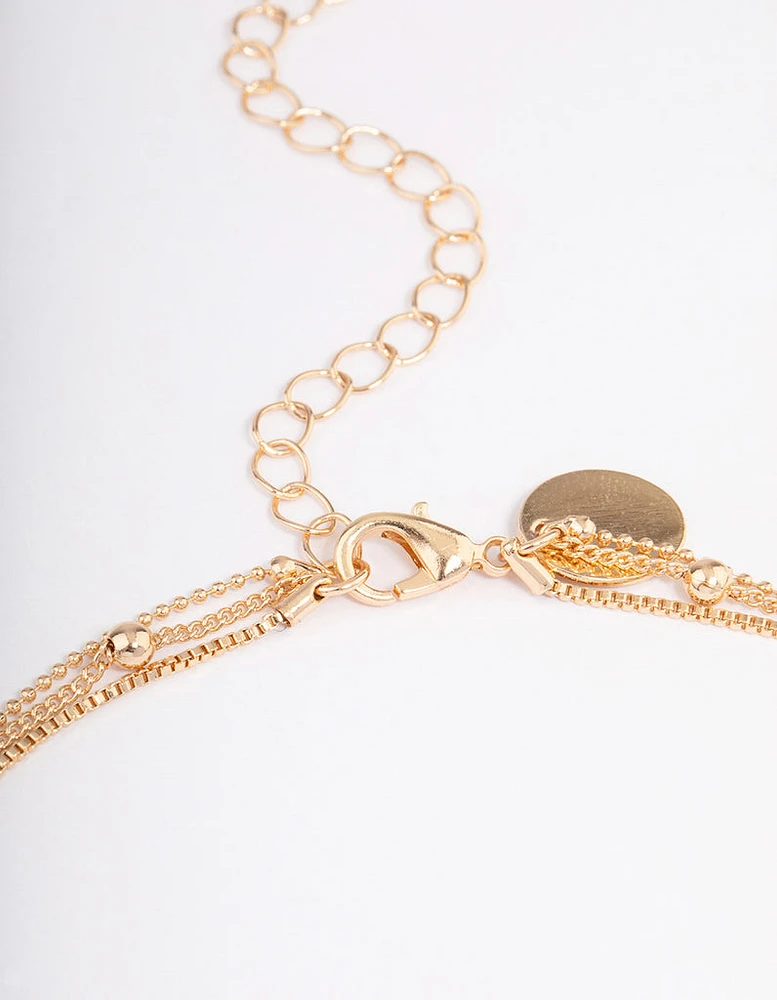 Gold Organic Circle Disc Triple Row Necklace