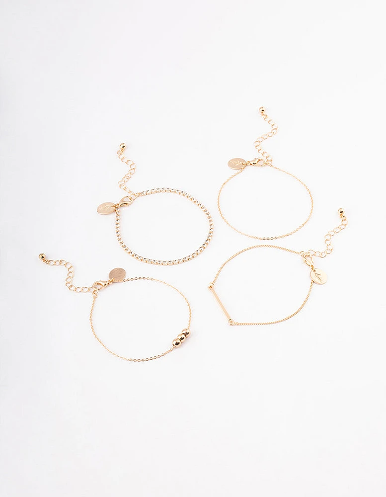 Gold Ball Diamante Chain Bracelet 4-Pack