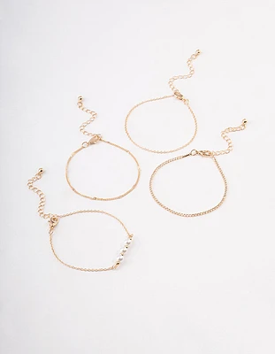 Gold Pearl Diamante Chain Bracelet 4-Pack