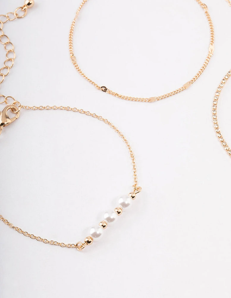 Gold Pearl Diamante Chain Bracelet 4-Pack