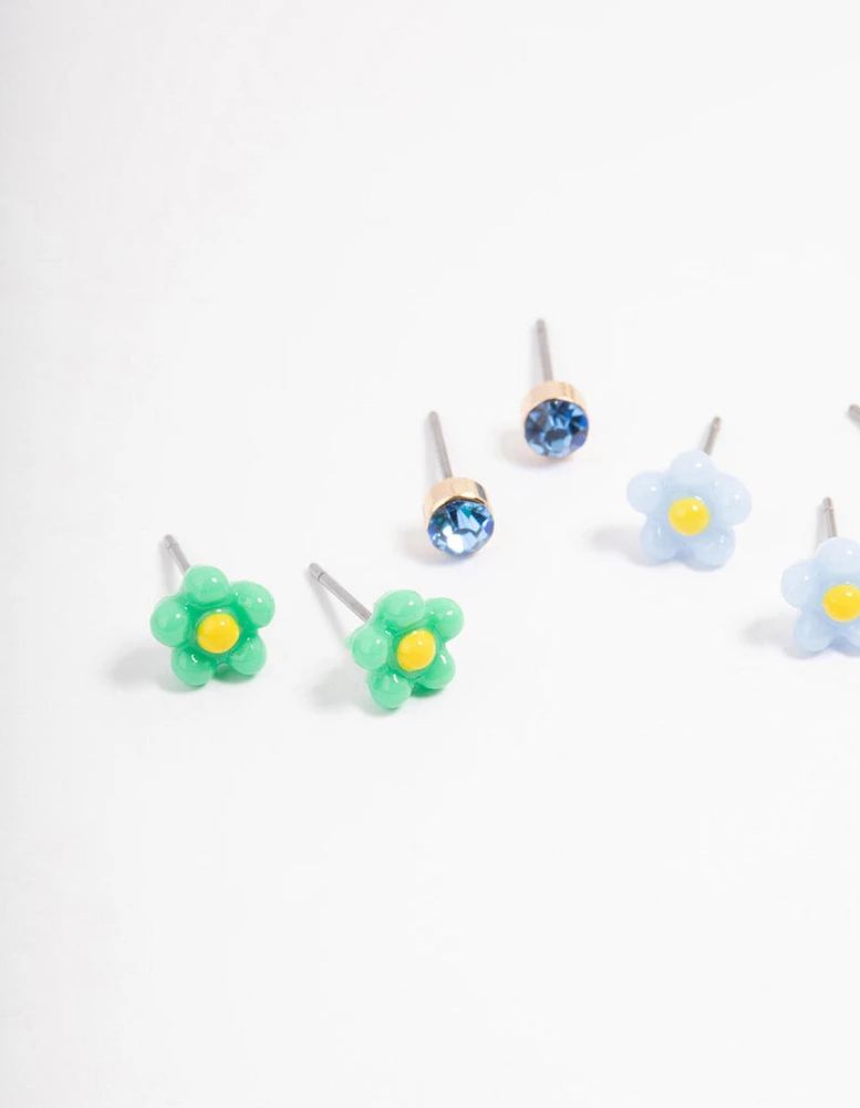 Green & Blue Flower Stud Earrings 4-Pack