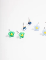 Green & Blue Flower Stud Earrings 4-Pack