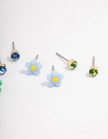 Green & Blue Flower Stud Earrings 4-Pack