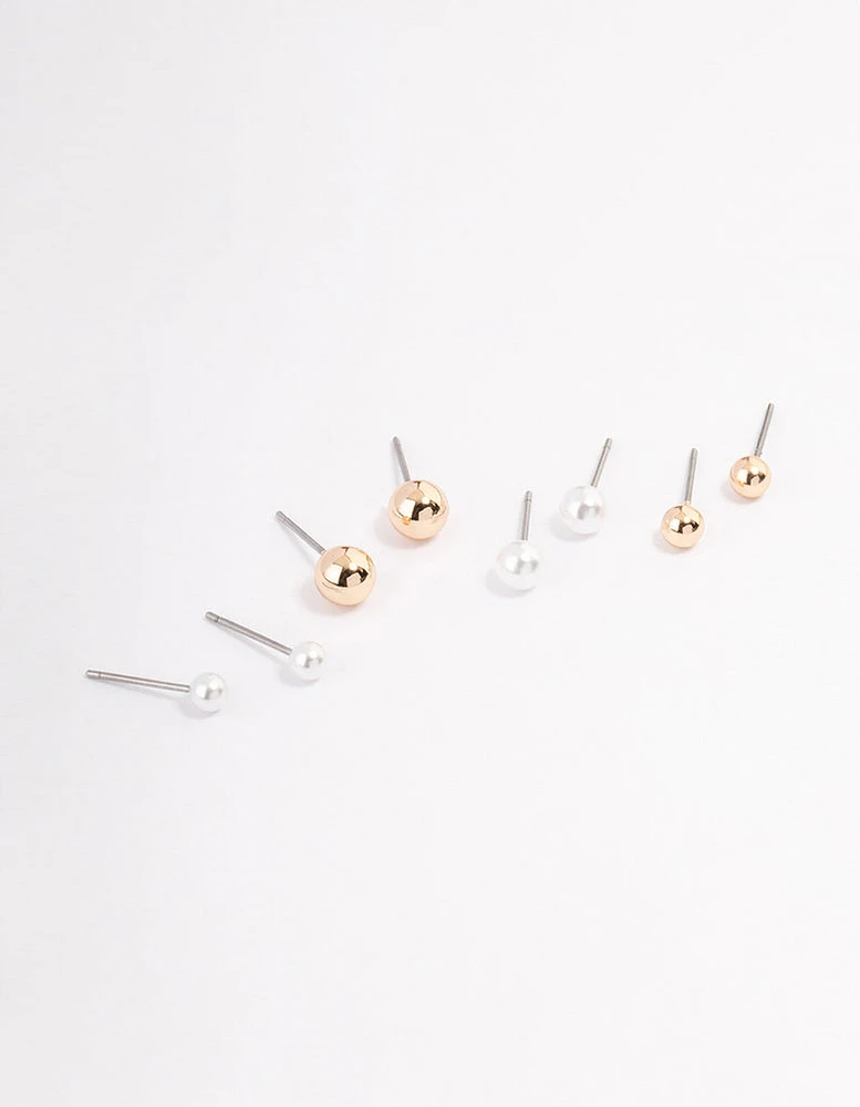 Gold Pearl & Ball Stud Earrings 4-Pack