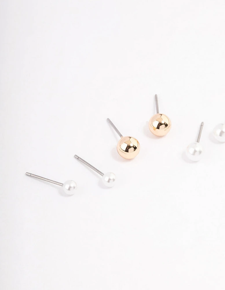 Gold Pearl & Ball Stud Earrings 4-Pack