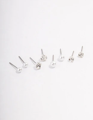 Silver Pearl & Diamante Stud Earrings 4-Pack