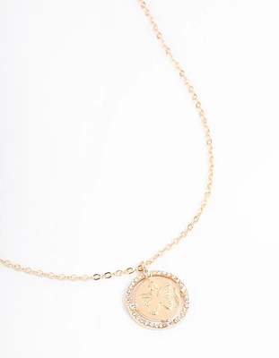 Gold Diamante Butterfly Disc Necklace