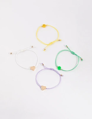 Gold Cord Heart & Smiley Bracelet 4-Pack