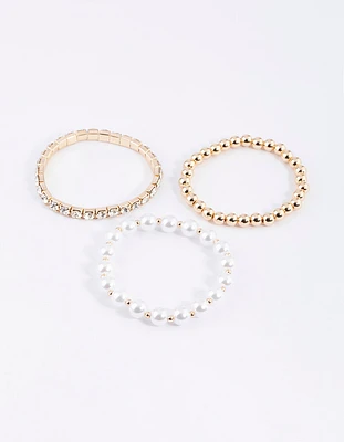 Gold Pearl & Diamante Stretch Bacelet Pack