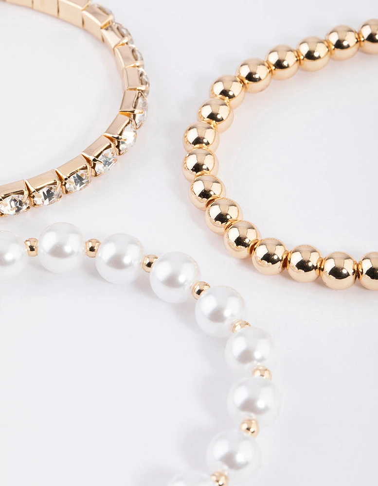 Gold Pearl & Diamante Stretch Bacelet Pack