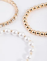 Gold Pearl & Diamante Stretch Bacelet Pack